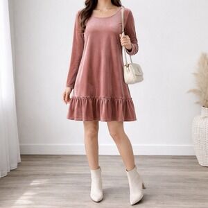 Easel Size L Velvet Drop Waist Ruffle Hem Shift Dress Long Sleeve Dusty Pink